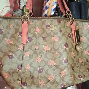 EUC COACH ROSE FLORAL BROWN PINK COATED CANVAS LARGE TOTE